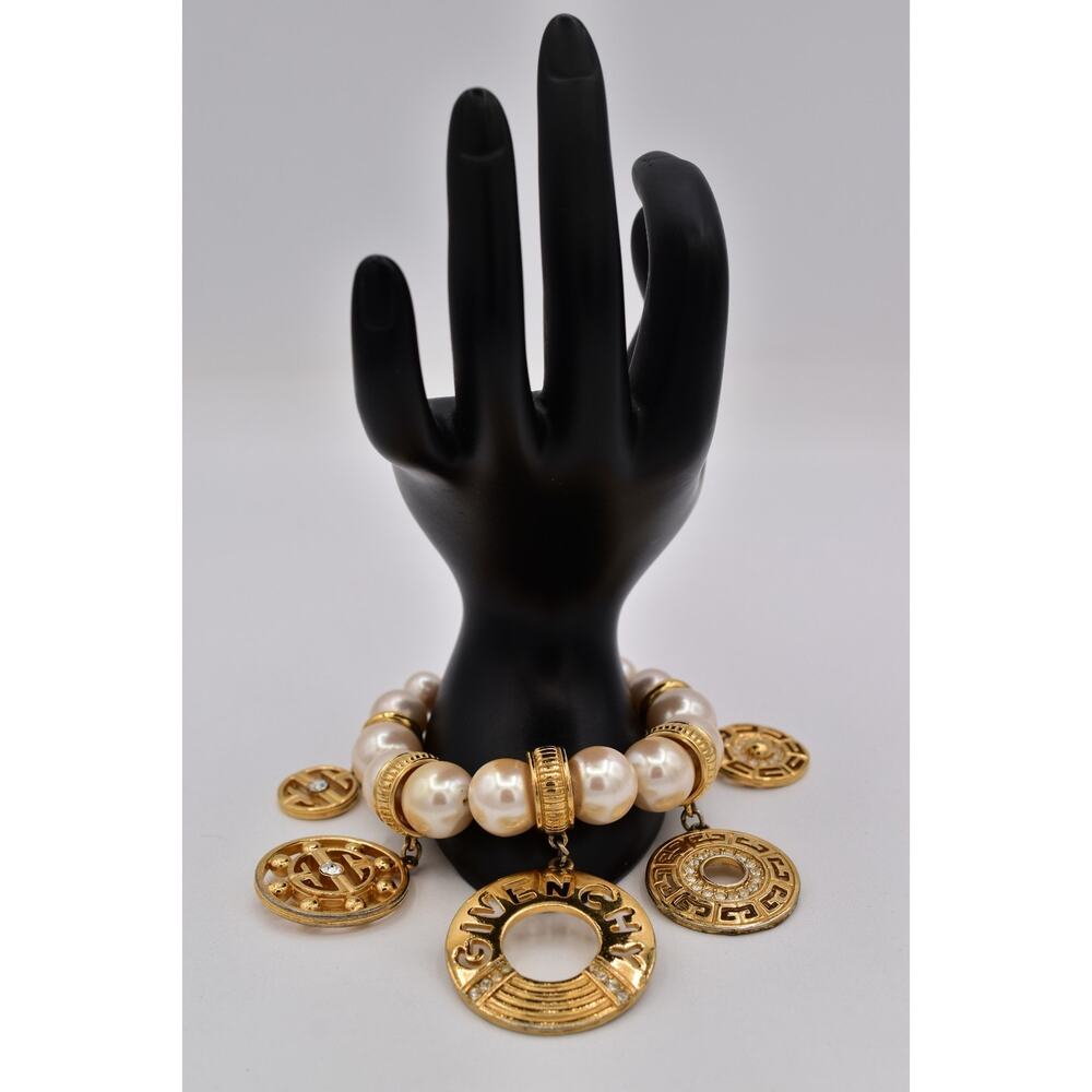 Givenchy Vintage Pearl Charm Bracelet Logo Medallions Gold Runway Signed Bin2